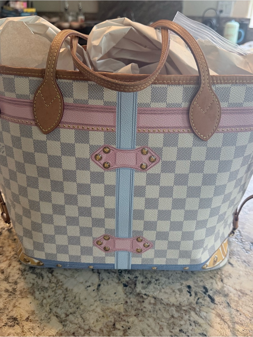 Louis Vuitton Cream Damier Tote with Pink & Light Blue Accents - Picture 3 of 9